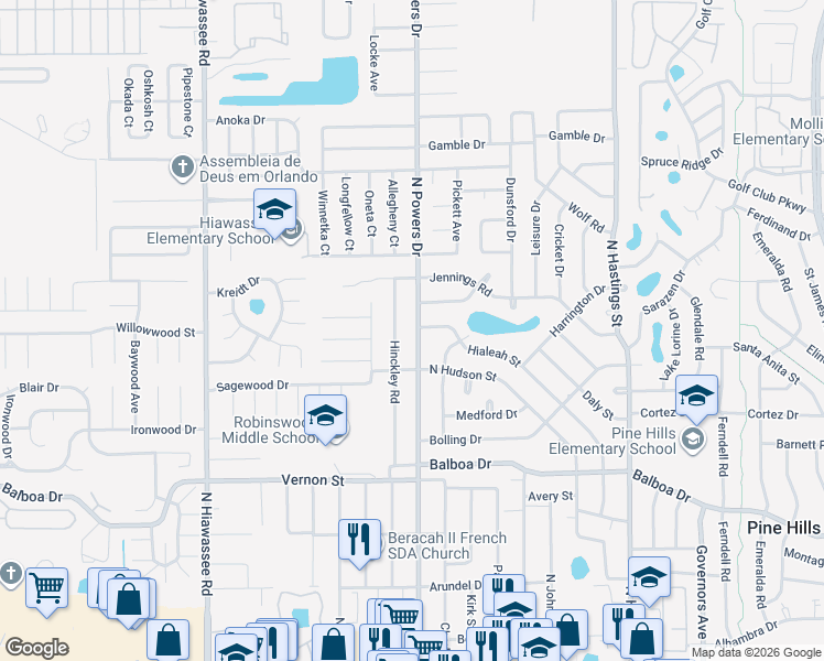 map of restaurants, bars, coffee shops, grocery stores, and more near 1834 North Powers Drive in Orlando