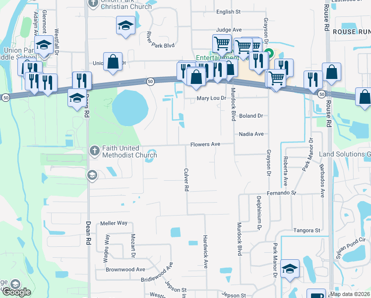 map of restaurants, bars, coffee shops, grocery stores, and more near 1346 Culver Road in Orlando