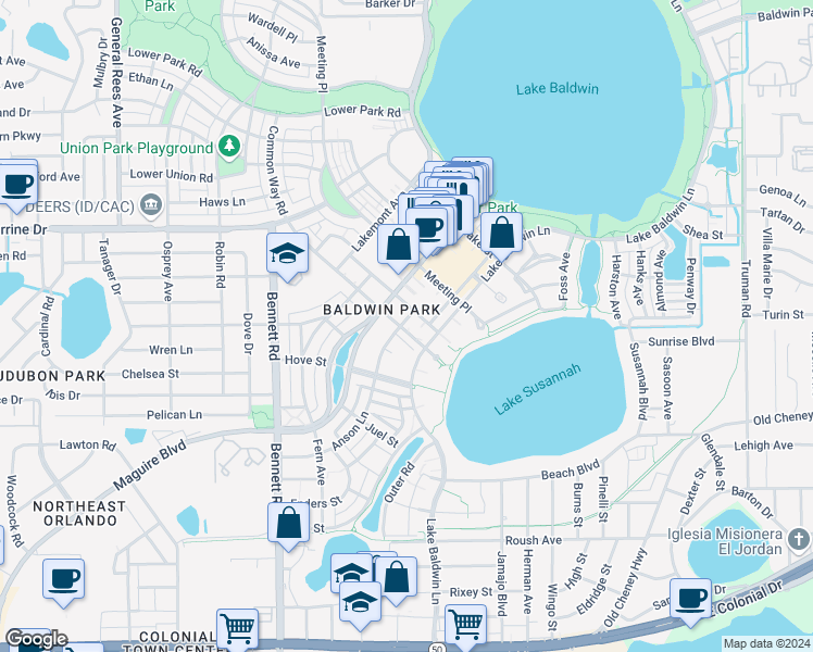 map of restaurants, bars, coffee shops, grocery stores, and more near 4700 Anson Lane in Orlando