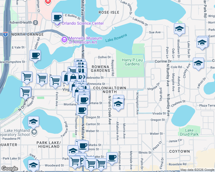 map of restaurants, bars, coffee shops, grocery stores, and more near 1422 Minnesota Street in Orlando