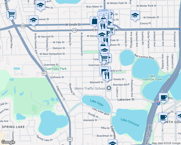 map of restaurants, bars, coffee shops, grocery stores, and more near 1418 Clouser Avenue in Orlando