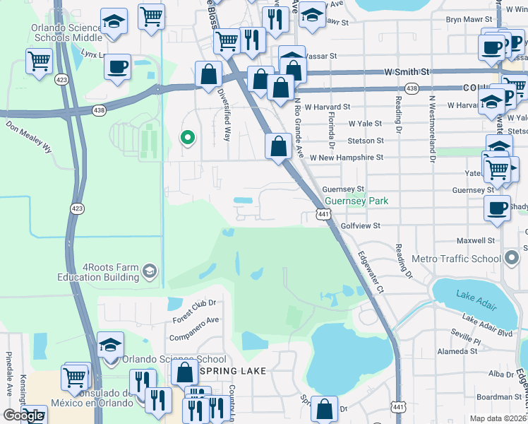 map of restaurants, bars, coffee shops, grocery stores, and more near 1769 Turnberry Terrace in Orlando