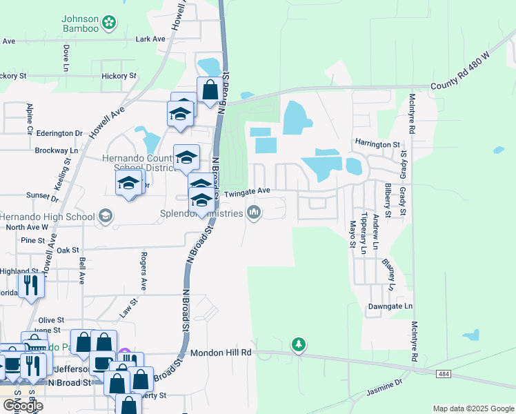 map of restaurants, bars, coffee shops, grocery stores, and more near 1100 Tory Court in Brooksville