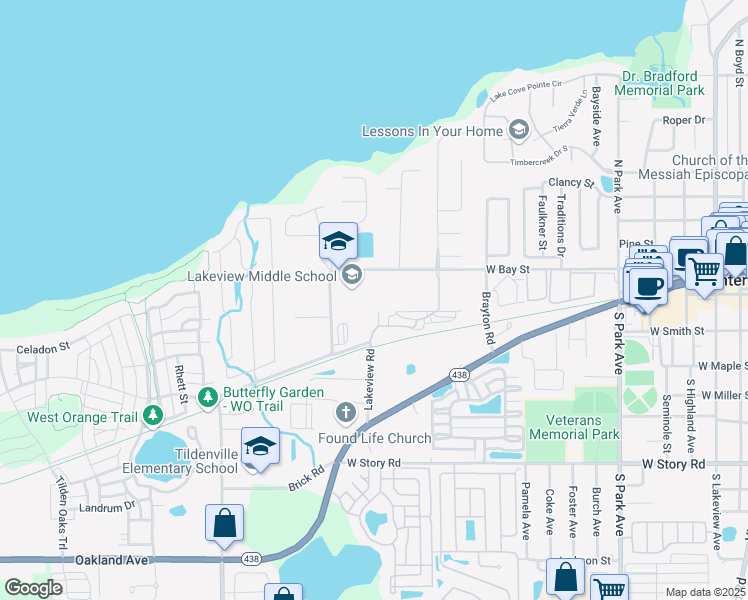 map of restaurants, bars, coffee shops, grocery stores, and more near 1200 West Bay Street in Winter Garden
