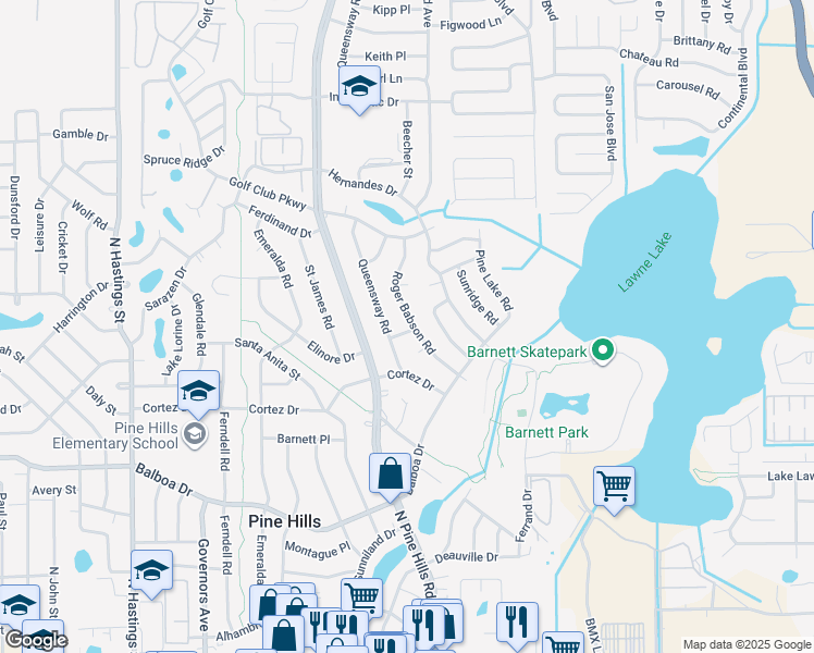 map of restaurants, bars, coffee shops, grocery stores, and more near 1326 Roger Babson Road in Orlando