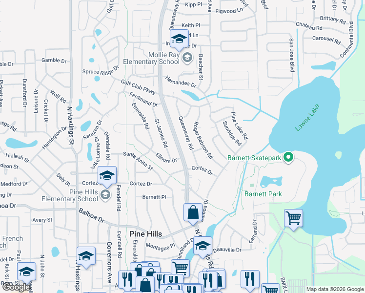 map of restaurants, bars, coffee shops, grocery stores, and more near 1219 North Pine Hills Road in Orlando