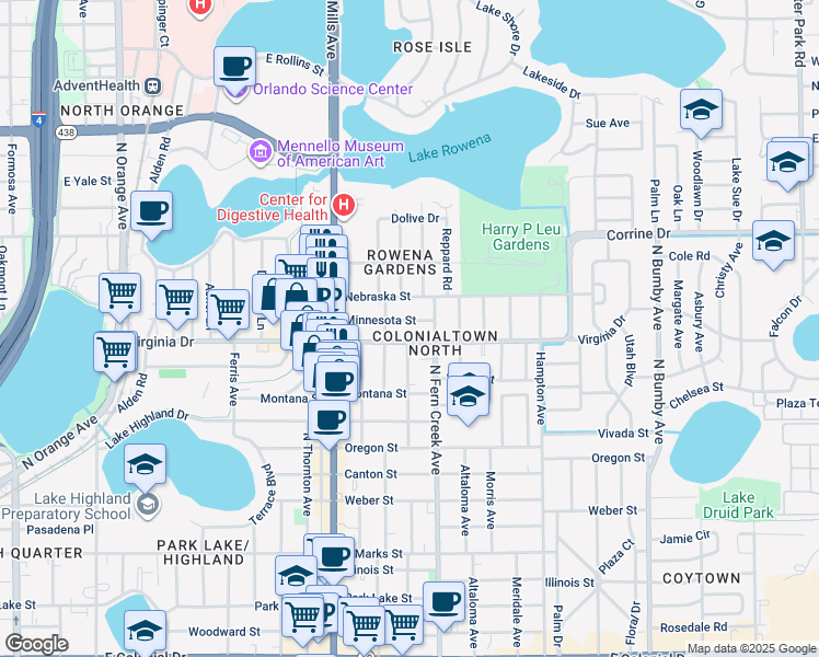 map of restaurants, bars, coffee shops, grocery stores, and more near 1422 Minnesota Street in Orlando