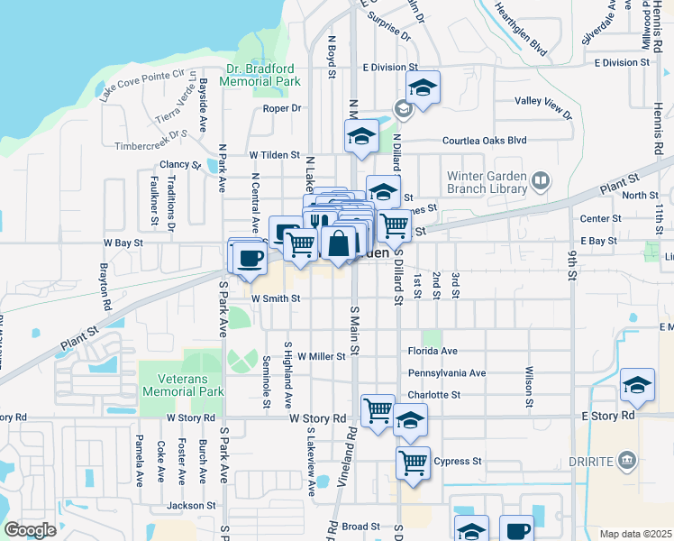 map of restaurants, bars, coffee shops, grocery stores, and more near 117 South Boyd Street in Winter Garden
