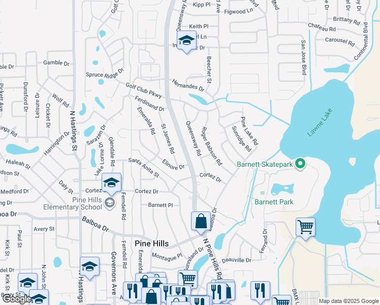 map of restaurants, bars, coffee shops, grocery stores, and more near 1219 North Pine Hills Road in Orlando