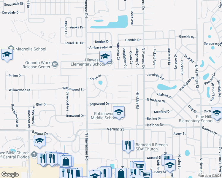 map of restaurants, bars, coffee shops, grocery stores, and more near 6572 Magee Court in Orlando