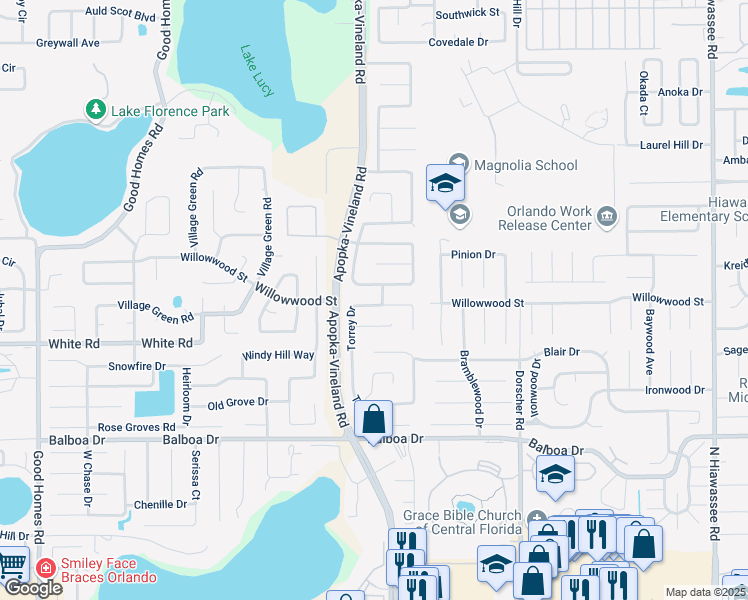 map of restaurants, bars, coffee shops, grocery stores, and more near 1932 Torrey Drive in Orlando