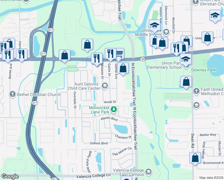 map of restaurants, bars, coffee shops, grocery stores, and more near 1417 Gattis Drive in Orlando