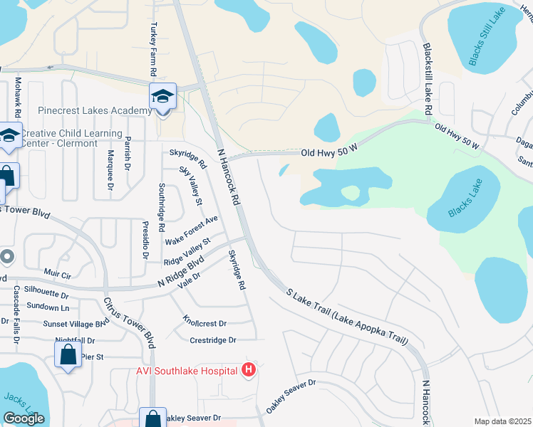 map of restaurants, bars, coffee shops, grocery stores, and more near 2241 Caledonian Street in Clermont