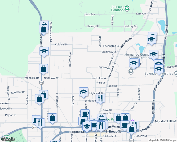 map of restaurants, bars, coffee shops, grocery stores, and more near 265 Sunset Drive in Brooksville