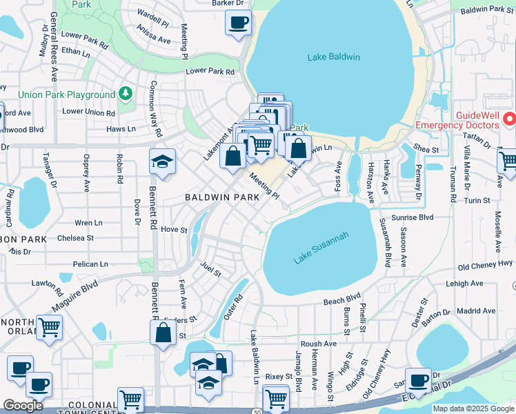 map of restaurants, bars, coffee shops, grocery stores, and more near 1308 Lake Baldwin Lane in Orlando