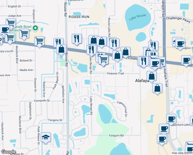 map of restaurants, bars, coffee shops, grocery stores, and more near 1429 Pon Pon Court in Orlando