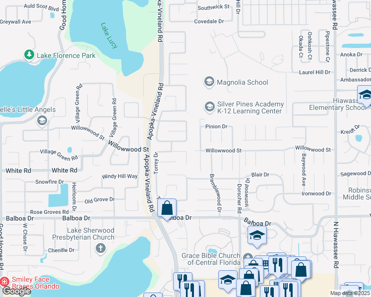 map of restaurants, bars, coffee shops, grocery stores, and more near 2036 Torrey Drive in Orlando
