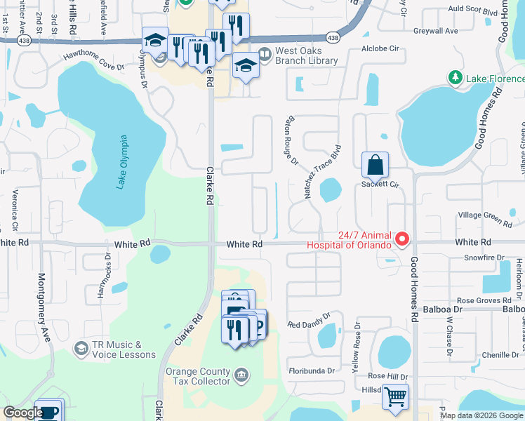 map of restaurants, bars, coffee shops, grocery stores, and more near 350 Robyns Glenn Road in Ocoee