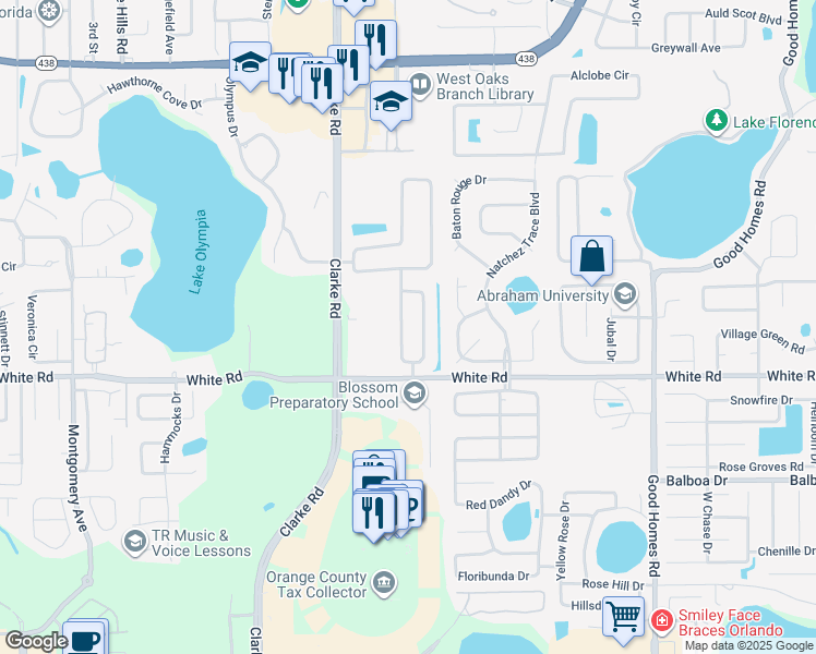 map of restaurants, bars, coffee shops, grocery stores, and more near 350 Robyns Glenn Road in Ocoee