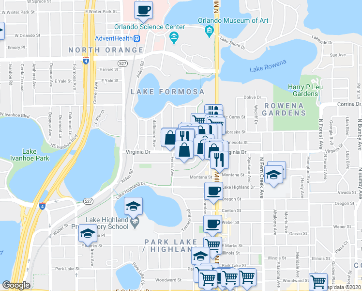 map of restaurants, bars, coffee shops, grocery stores, and more near 1412 Dauphin Lane in Orlando