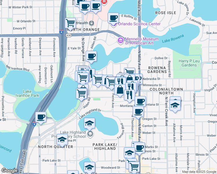 map of restaurants, bars, coffee shops, grocery stores, and more near 1411 Asher Lane in Orlando
