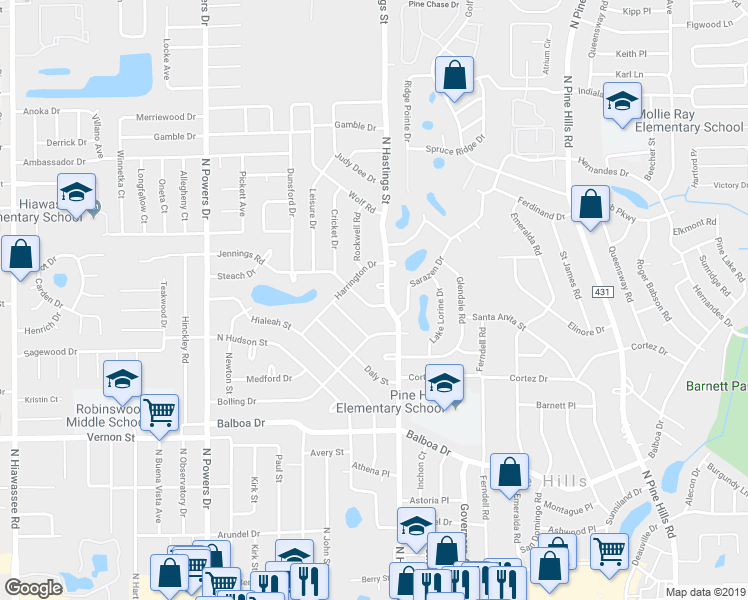 map of restaurants, bars, coffee shops, grocery stores, and more near 5805 Laconia Road in Orlando