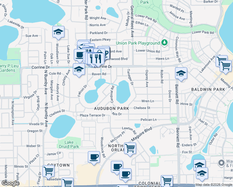 map of restaurants, bars, coffee shops, grocery stores, and more near 1417 Cardinal Road in Orlando