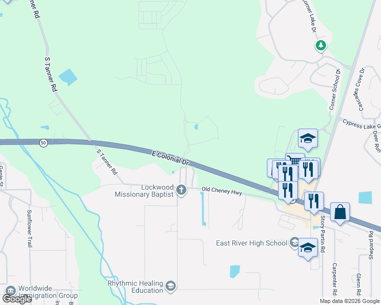 map of restaurants, bars, coffee shops, grocery stores, and more near East Colonial Drive in Orlando