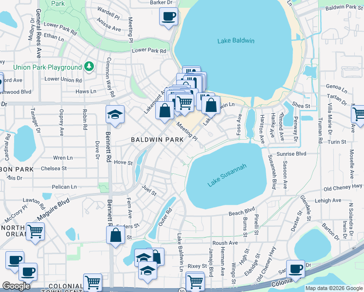 map of restaurants, bars, coffee shops, grocery stores, and more near 1308 Lake Baldwin Lane in Orlando