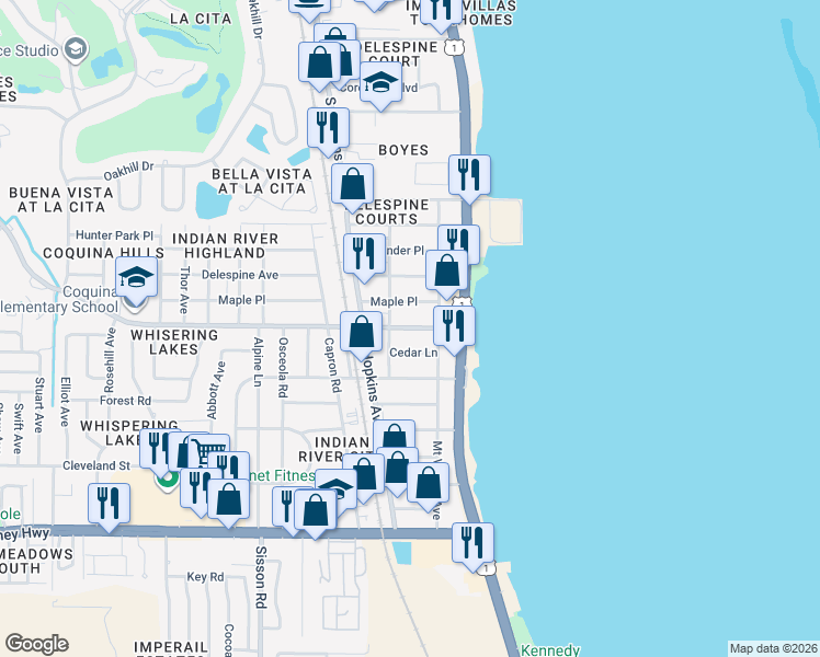map of restaurants, bars, coffee shops, grocery stores, and more near 225 Knox McRae Drive in Titusville