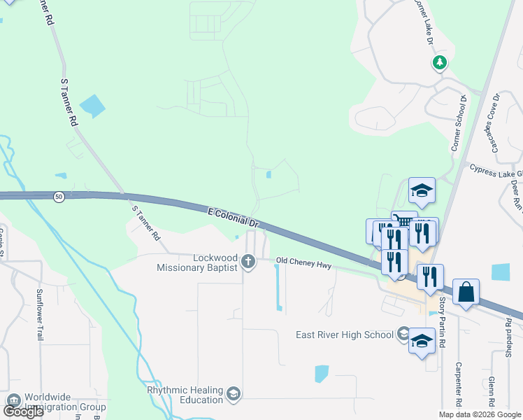 map of restaurants, bars, coffee shops, grocery stores, and more near East Colonial Drive in Orlando
