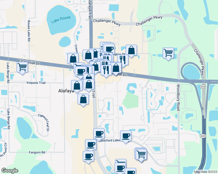 map of restaurants, bars, coffee shops, grocery stores, and more near 1501 North Alafaya Trail in Orlando