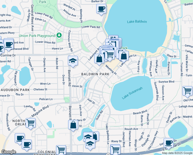 map of restaurants, bars, coffee shops, grocery stores, and more near 4700 Anson Lane in Orlando