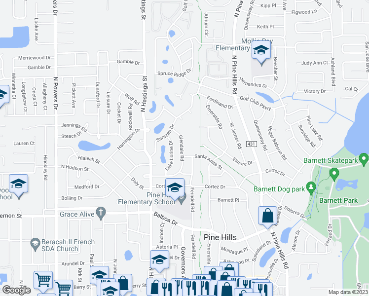 map of restaurants, bars, coffee shops, grocery stores, and more near 1703 Glendale Road in Orlando