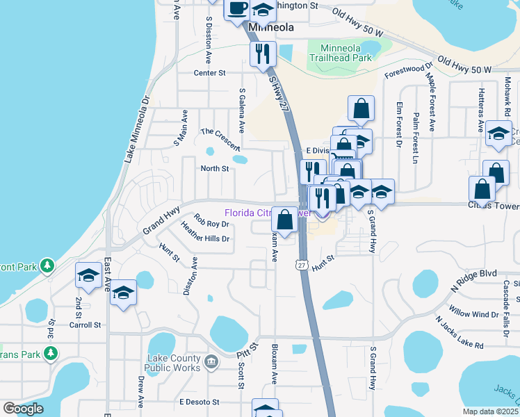 map of restaurants, bars, coffee shops, grocery stores, and more near 651 Grand Highway in Clermont