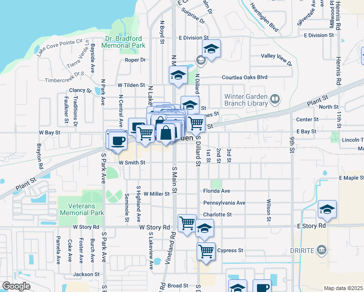 map of restaurants, bars, coffee shops, grocery stores, and more near 110 South Woodland Street in Winter Garden