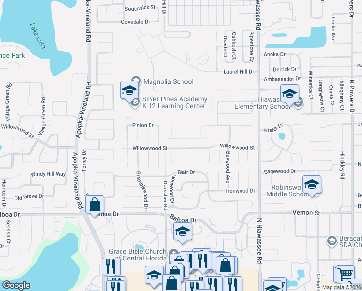 map of restaurants, bars, coffee shops, grocery stores, and more near 7105 Willowwood Street in Orlando