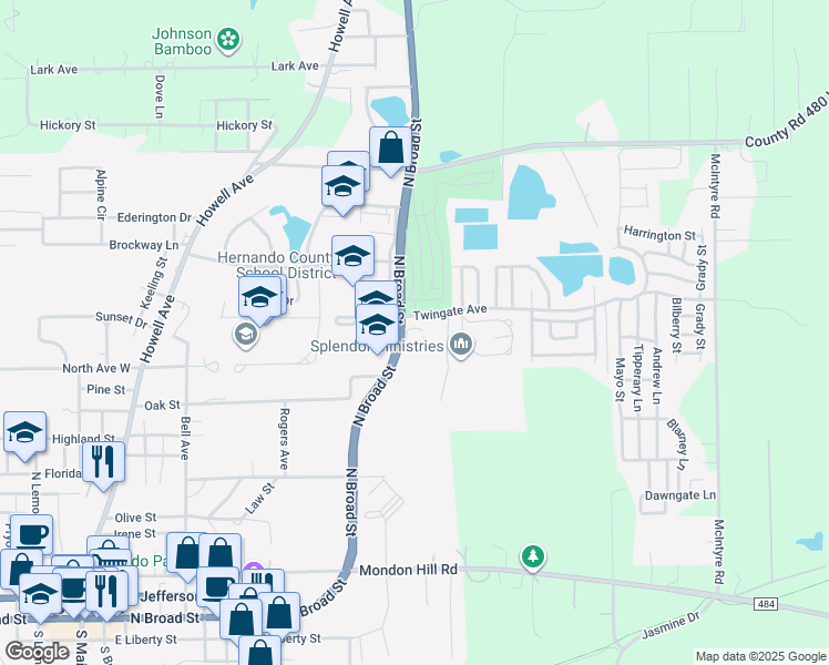 map of restaurants, bars, coffee shops, grocery stores, and more near 880 North Broad Street in Brooksville