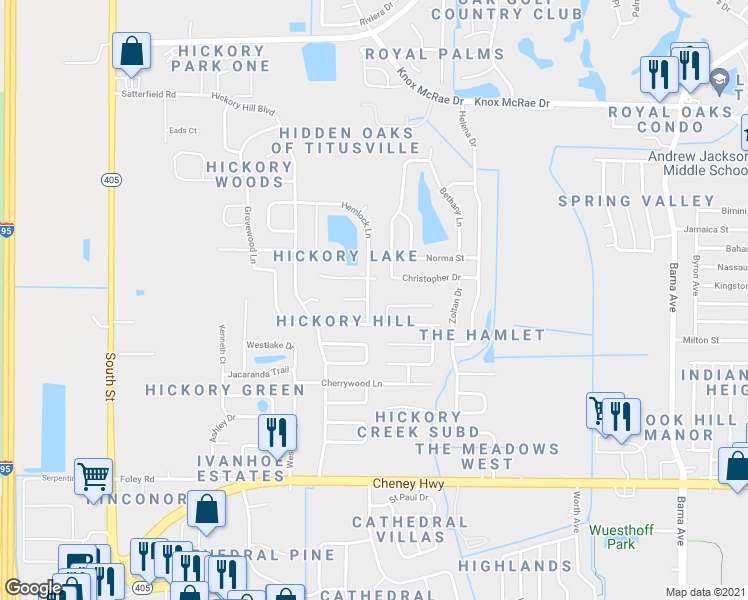 map of restaurants, bars, coffee shops, grocery stores, and more near 4251 Hemlock Lane in Titusville