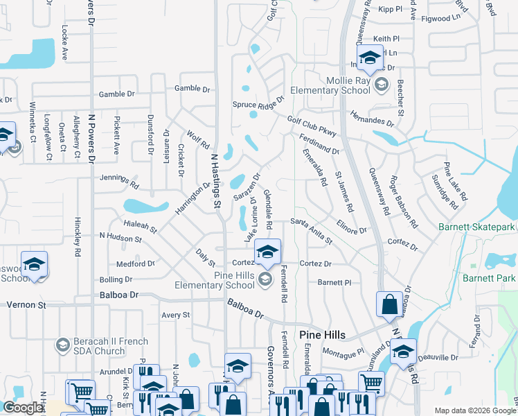 map of restaurants, bars, coffee shops, grocery stores, and more near 1801 Lake Lorine Drive in Orlando