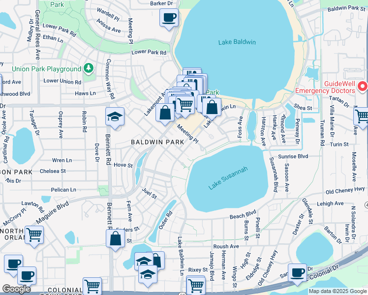 map of restaurants, bars, coffee shops, grocery stores, and more near 1308 Lake Baldwin Lane in Orlando