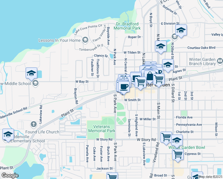 map of restaurants, bars, coffee shops, grocery stores, and more near 30 North Park Avenue in Apopka