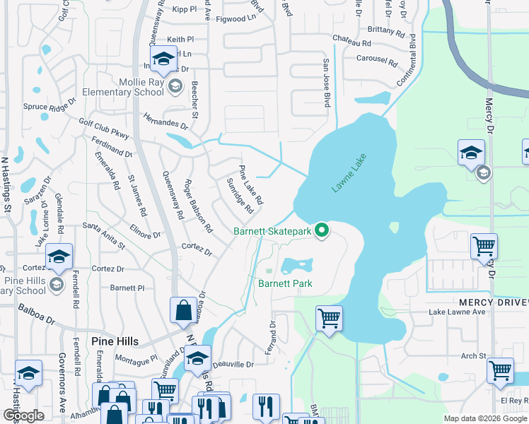 map of restaurants, bars, coffee shops, grocery stores, and more near 1307 Pine Lake Road in Orlando