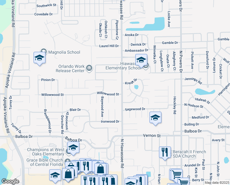 map of restaurants, bars, coffee shops, grocery stores, and more near 7009 Willowwood Street in Orlando