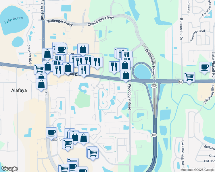 map of restaurants, bars, coffee shops, grocery stores, and more near 12250 East Colonial Drive in Orlando