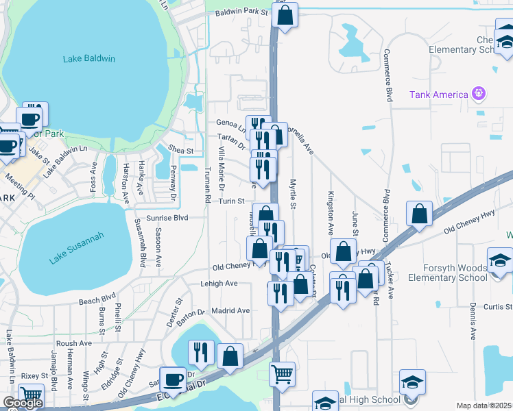map of restaurants, bars, coffee shops, grocery stores, and more near 5600 Turin Street in Orlando