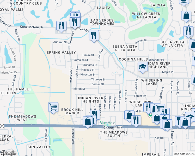 map of restaurants, bars, coffee shops, grocery stores, and more near 1460 Thoreau Street in Titusville