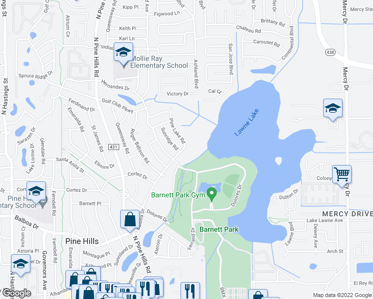 map of restaurants, bars, coffee shops, grocery stores, and more near 1307 Pine Lake Road in Orlando