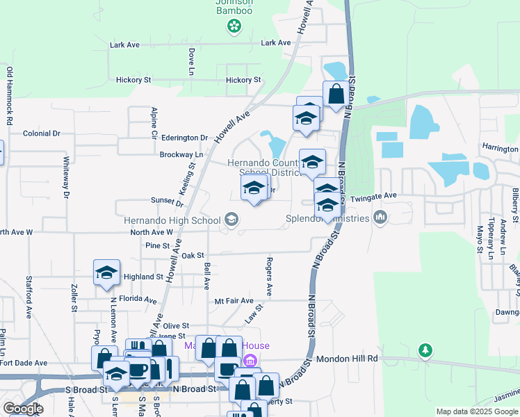 map of restaurants, bars, coffee shops, grocery stores, and more near 700 Bell Avenue in Brooksville