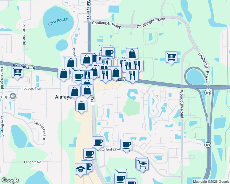 map of restaurants, bars, coffee shops, grocery stores, and more near 1502 Sophie Boulevard in Orlando